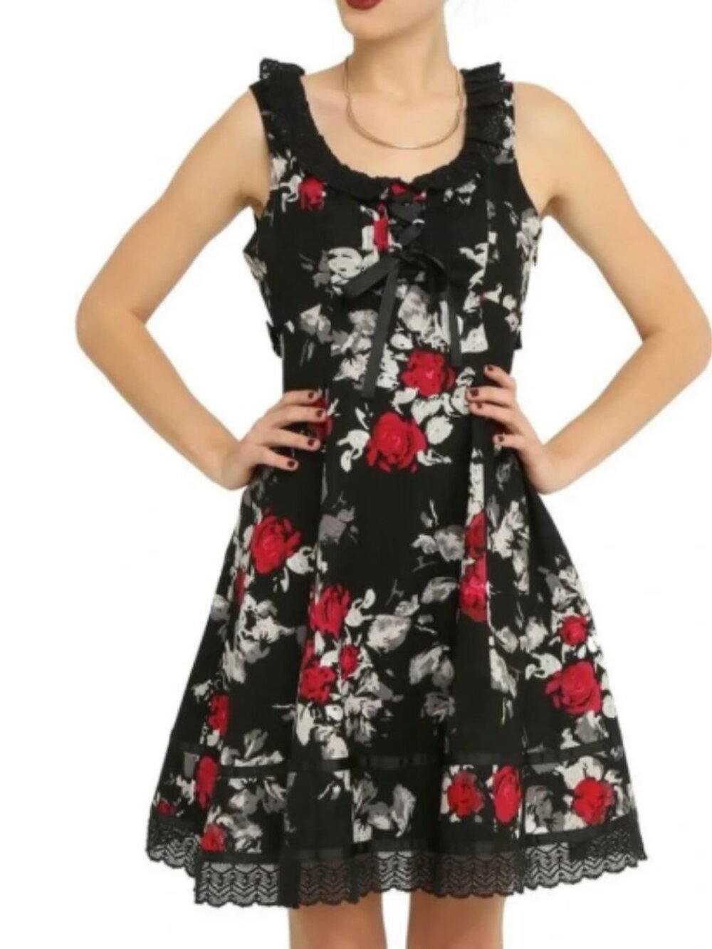 Hot Topic Rose Print Dress Black A-Line Lace Trim Rockabilly Retro Girly Size XS